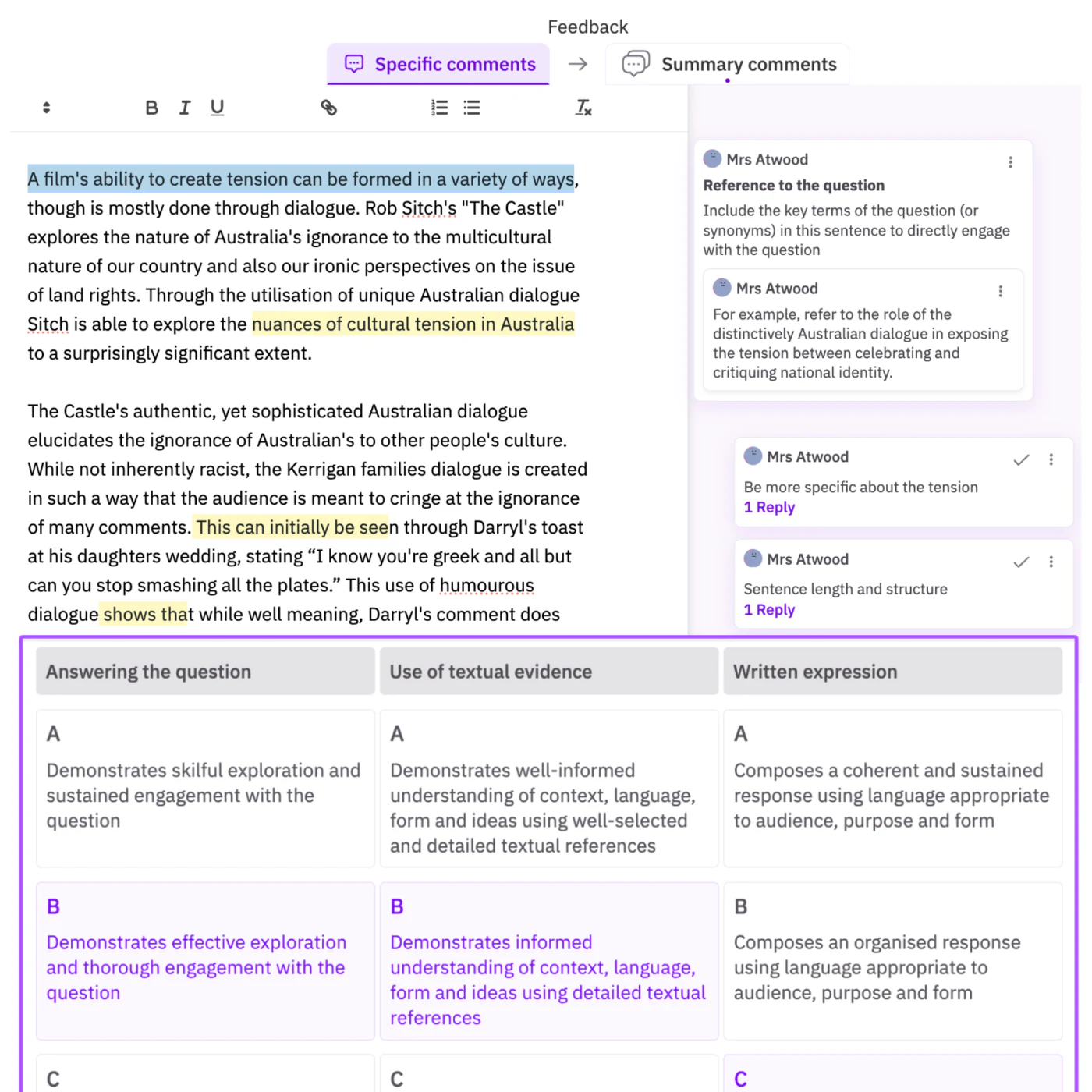 The JeddAI drafts editor showing feedback on a student response